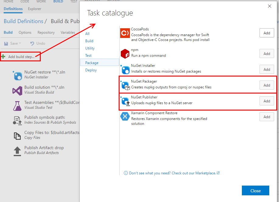 Add NuGet Packager and NuGet Publisher steps