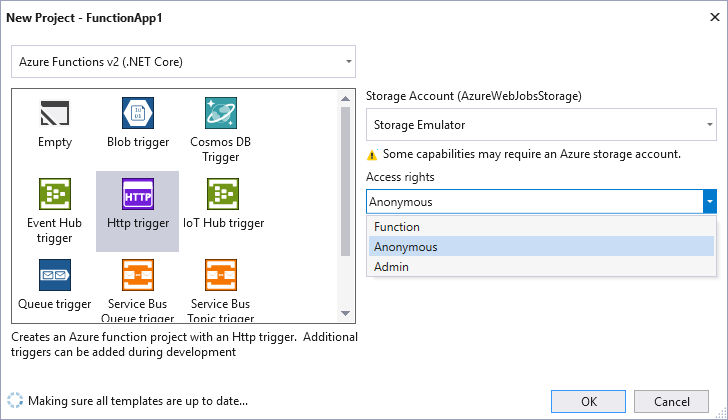 New Visual Studio Enterprise Azure Functions Project settings