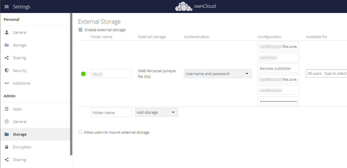 ownCloud external storage SMB