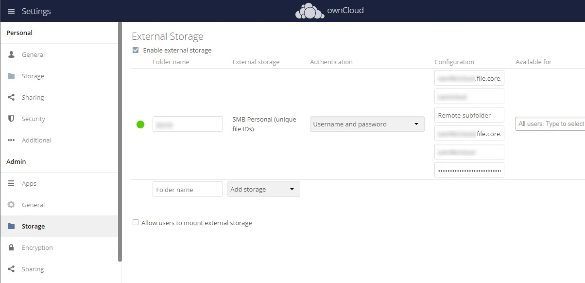 ownCloud external storage SMB
